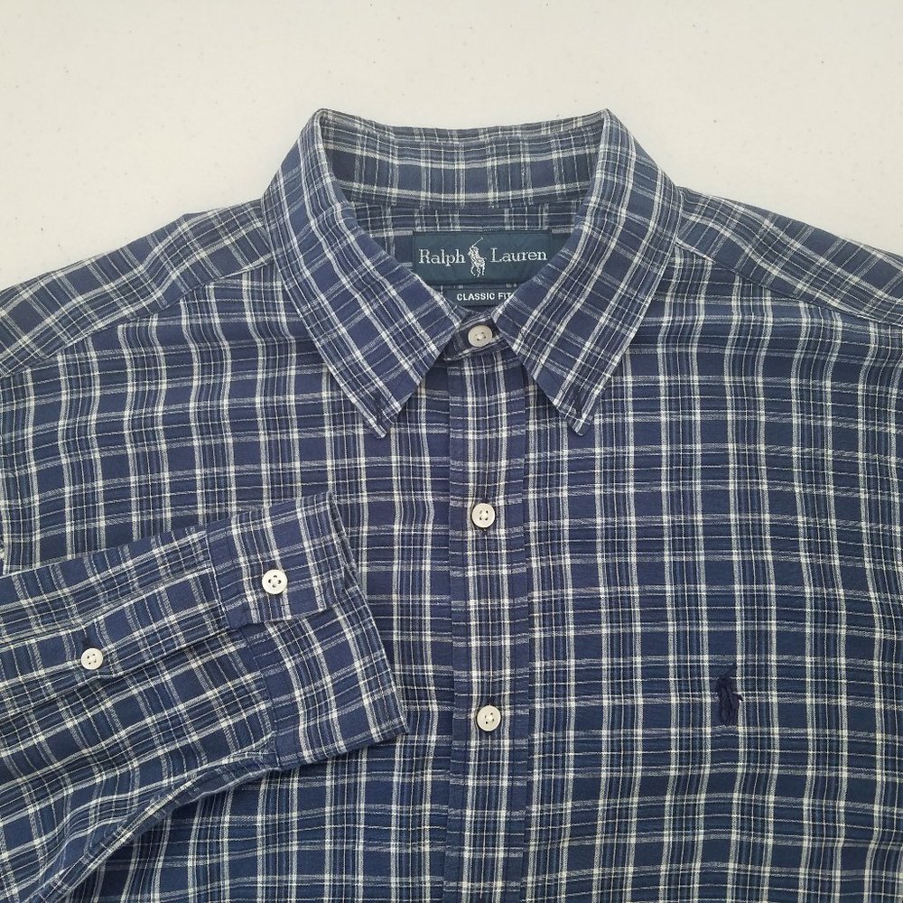 Polo Ralph Lauren Linen Blend Blue Plaid Button Front Shirt Mens Large
